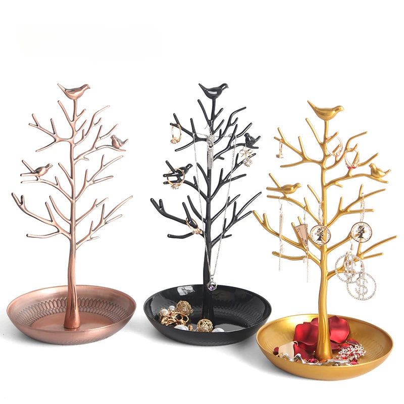 Multi-Function Alloy Jewelry Organizer Display Stand with Bird Tree Design