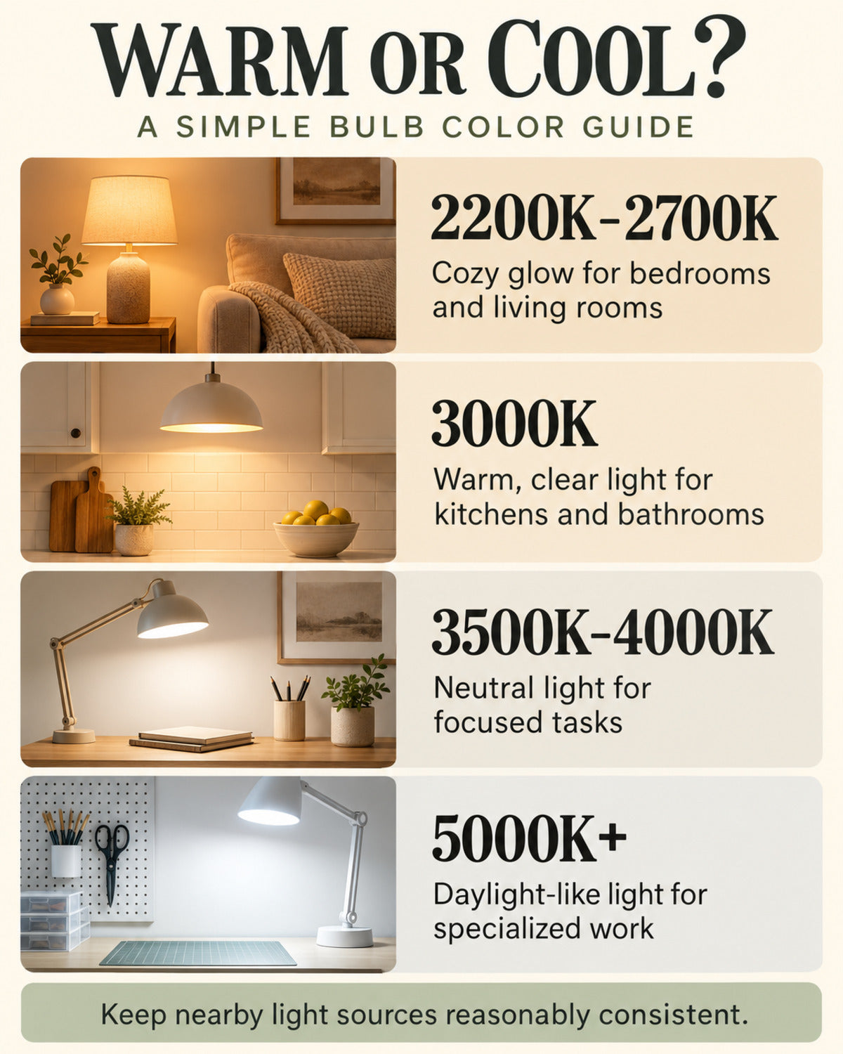 Bulb color temperature guide from warm 2200K to daylight 5000K