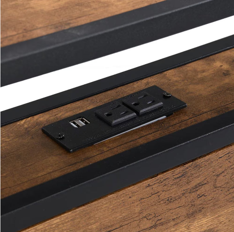 Queen Size Metal Platform Bed Frame with Wooden Headboard and Footboard with USB LINER