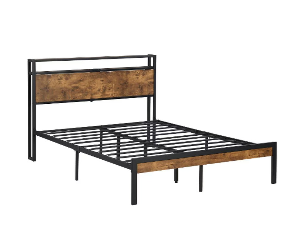 Queen Size Metal Platform Bed Frame with Wooden Headboard and Footboard with USB LINER