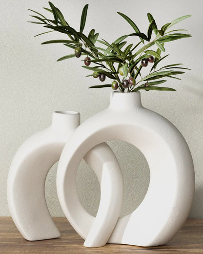 Shape Decorative Vase Set of 2, Ceramic, Modern Minimalism Styles, Flowers or Plant Table Vases for Home Decor Living Room Shelf Entry Console Mantle Dining Centerpiece (Matte White)