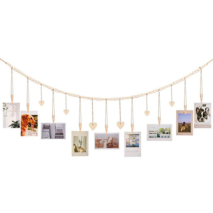 Hanging Photo Display Room Wall Decor, Boho Collage Picture Frame Christmas Cards Holder Wooden Hearts for Home Bedroom Office