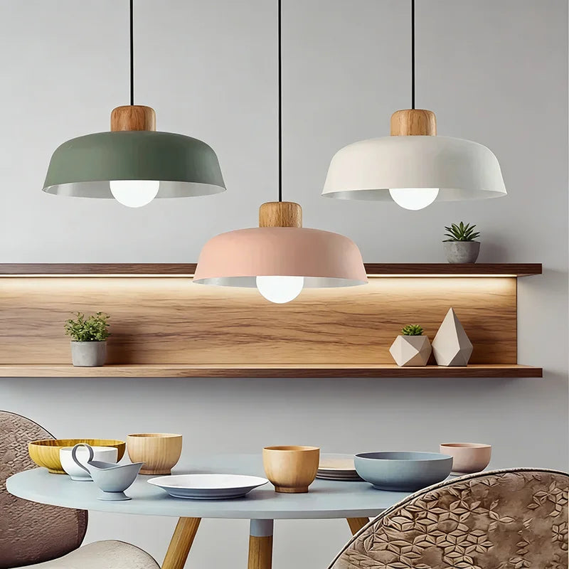 Nordic Wood Aluminum Pendant Lights Modern Hanging Lamps Kitchen Living Room Chandelier Lighting E27 LED Loft Lampara De Techo