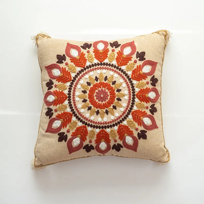 Boho Moroccan Tassel Throw Pillow Cover - Handmade Embroidered Cotton Cushion Cover with Geometric & Alpaca Designs