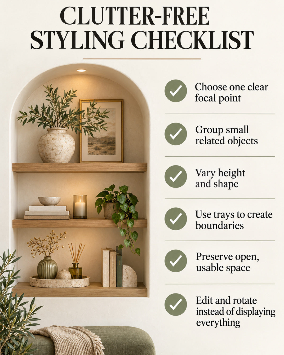 Clutter-free shelf and tabletop styling checklist