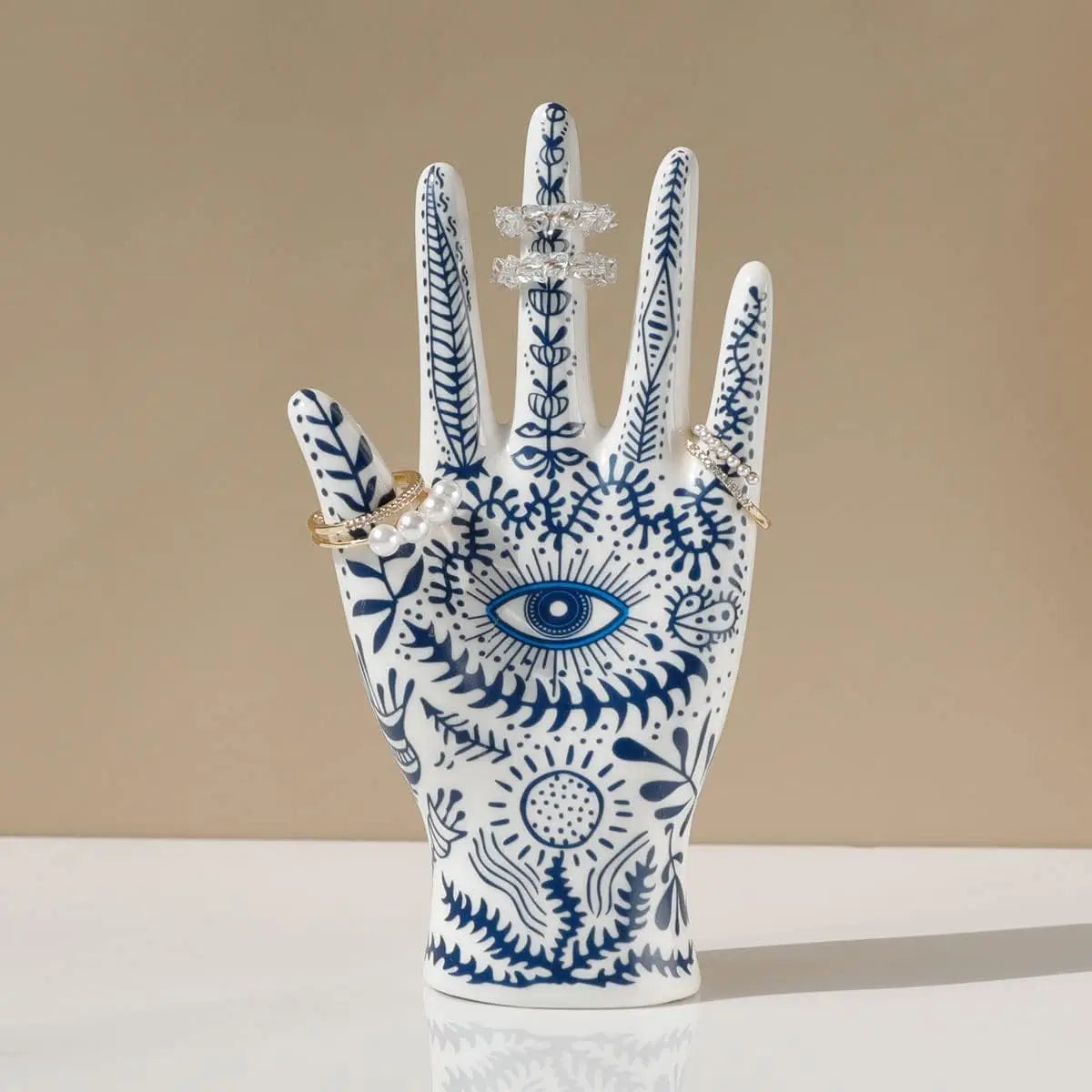 Hamsa Hand Jewelry Display Holder - Ceramic Mannequin Ring & Bracelet Stand with Evil Eye Symbolism, Decorative Jewelry Organizer for Necklaces, Earrings, and Trinkets