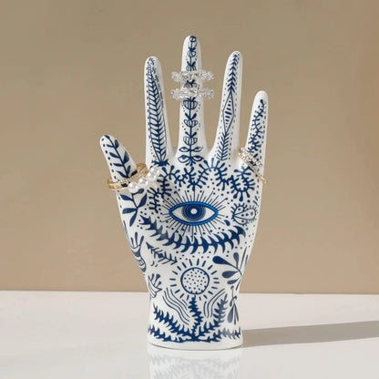 Hamsa Hand Jewelry Display Holder - Ceramic Mannequin Ring & Bracelet Stand with Evil Eye Symbolism, Decorative Jewelry Organizer for Necklaces, Earrings, and Trinkets