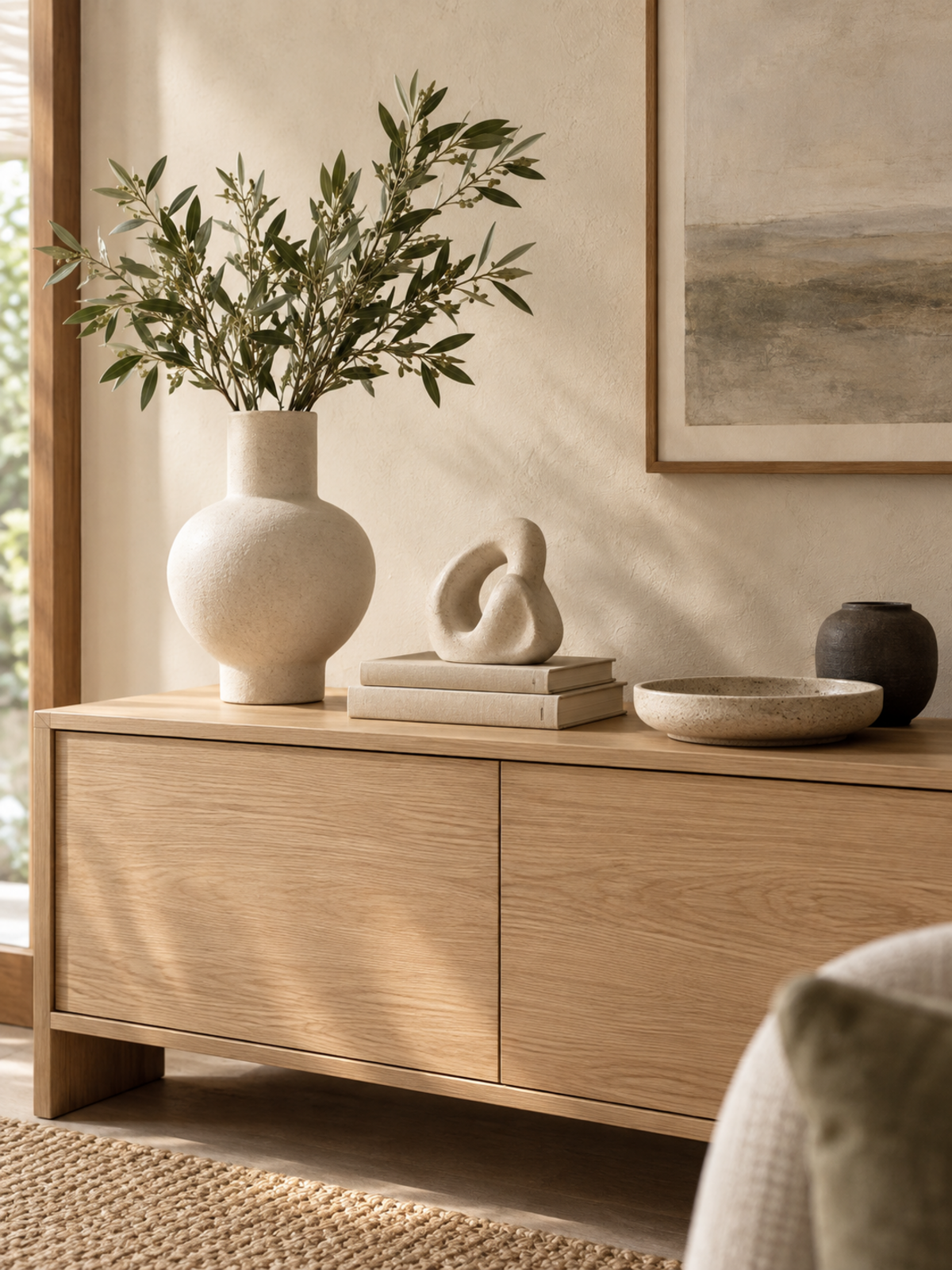 Warm modern organic console styled with ceramic vases, an abstract sculpture, books, and a decorative tray