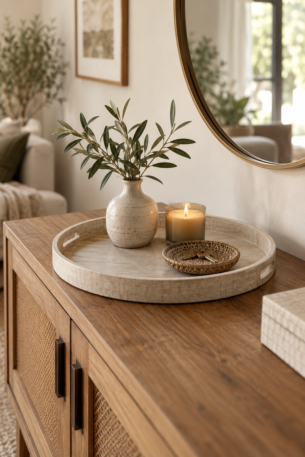 Decorative tray styled with a vase, candle and everyday essentials