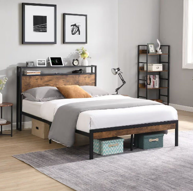 Queen Size Metal Platform Bed Frame with Wooden Headboard and Footboard with USB LINER