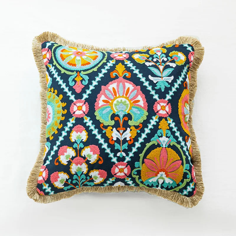 Boho Moroccan Tassel Throw Pillow Cover - Handmade Embroidered Cotton Cushion Cover with Geometric & Alpaca Designs