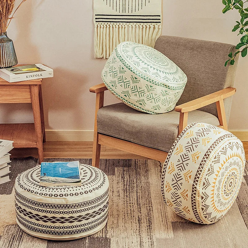 Boho Geometric Floor Pouf Cover - Unstuffed Cotton Blend Ottoman Tatami Meditation Cushion, Square Footstool Pouffe for Living Room (18x18x8 Inch)