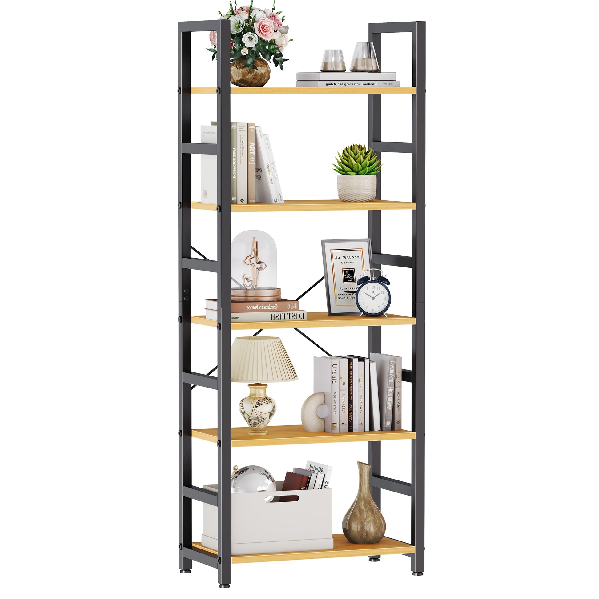 Wooden Storage Standing 5 Tiers Display Bookshelf Sturdy Structure Graduated Shelves Adjustable Feet for Living Room