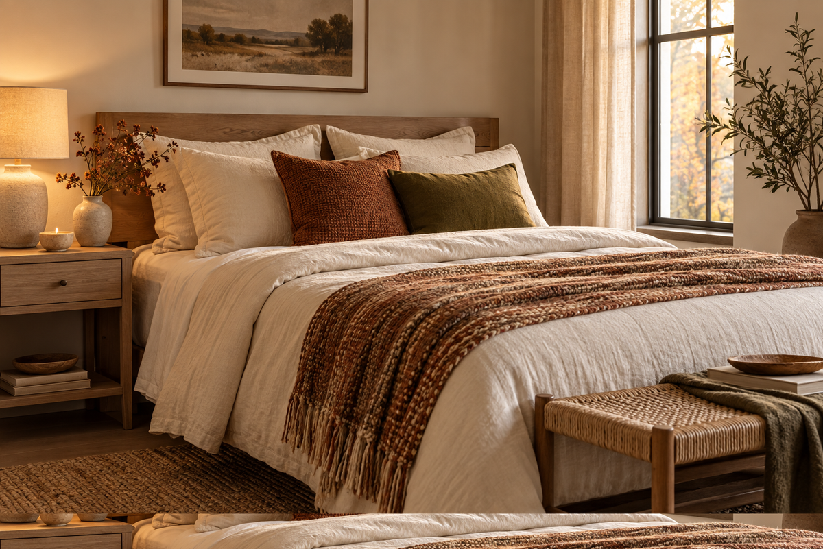 Cozy fall bedroom with cream bedding, rust and olive pillows, textured woven throw, wood furniture, and warm bedside lighting.