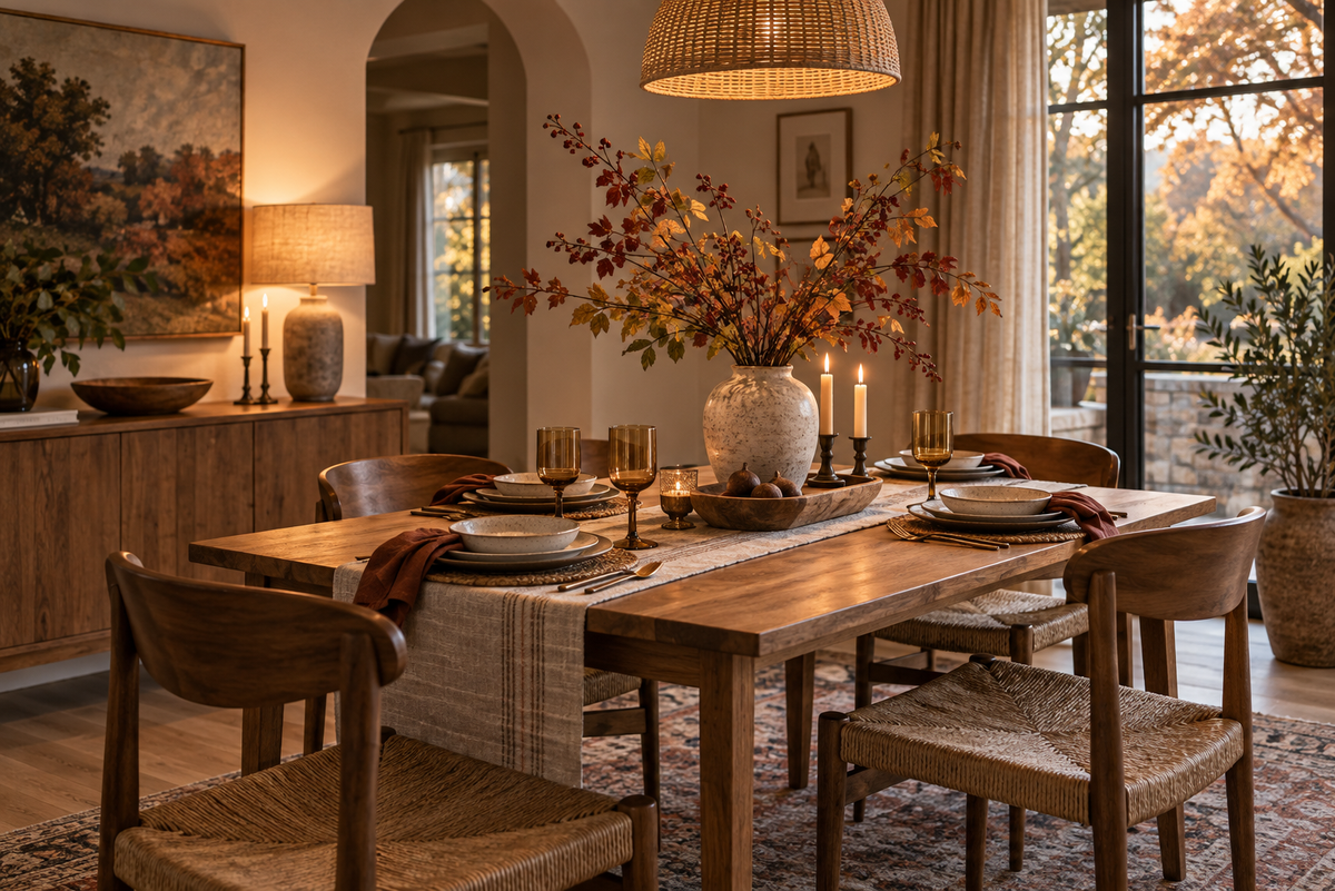Fall dining room with a natural wood table, neutral runner, ceramic vase of autumn branches, woven chairs, and warm lighting.