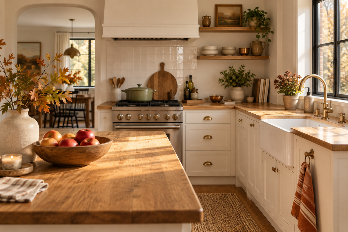 Warm white fall kitchen with wood countertops, autumn foliage, ceramic vase, bowl of apples, and rust-colored hand towel.
