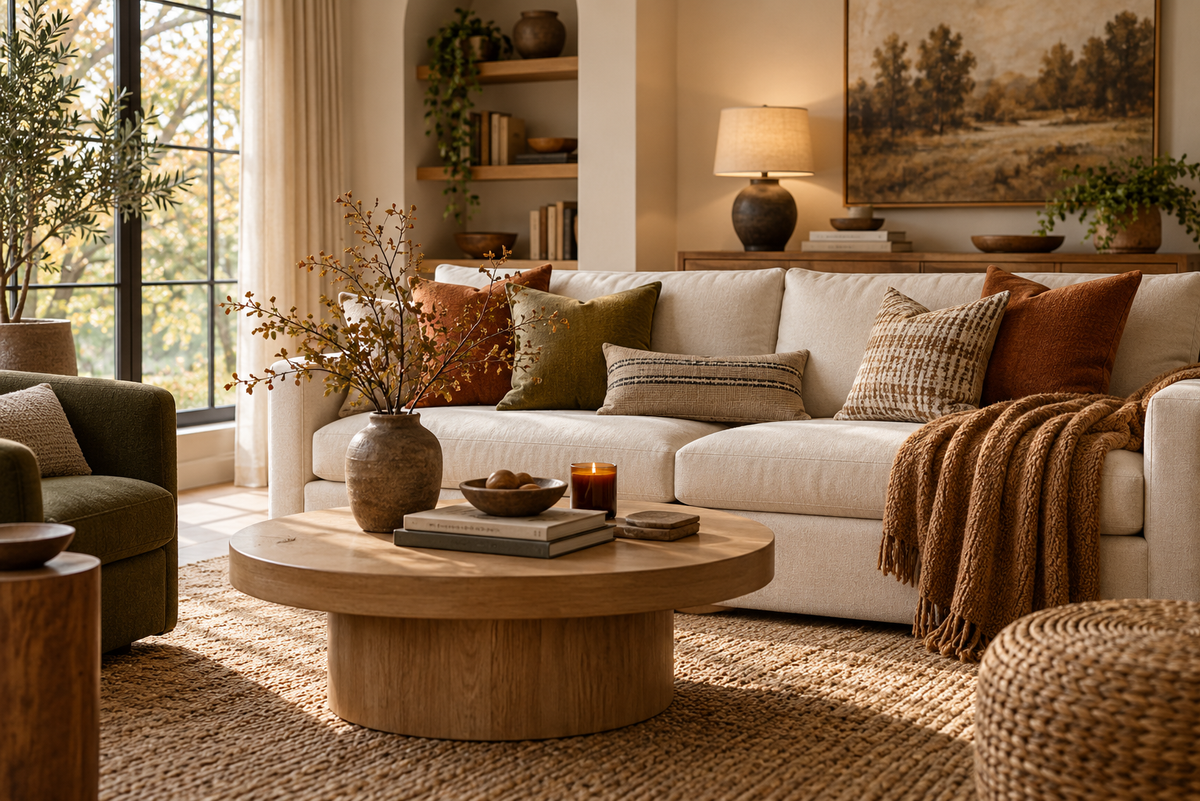 Warm fall living room with a cream sofa, rust and olive pillows, textured throw, natural wood table, and botanical branches.