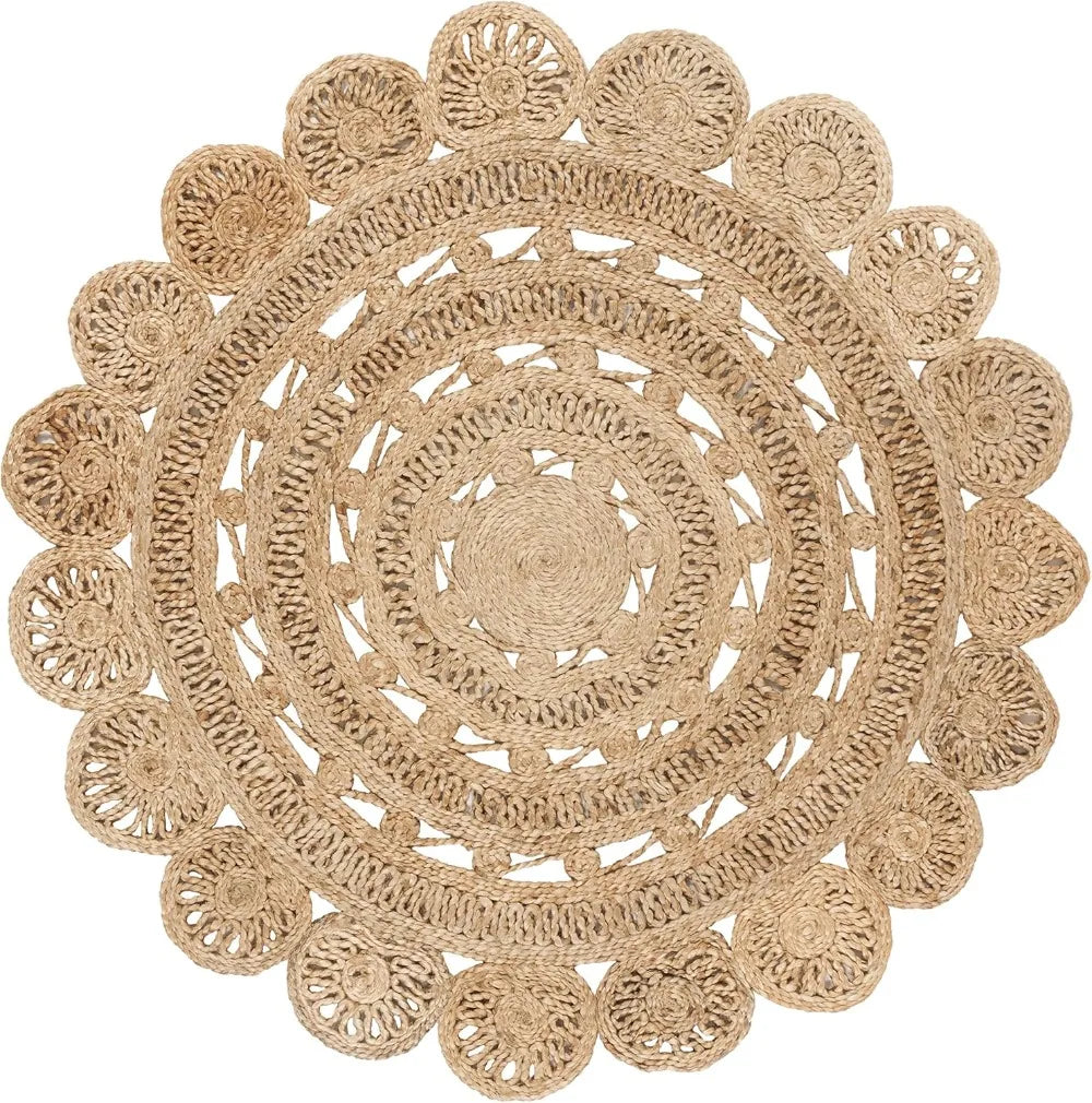 Handmade Boho Jute Area Rug - 4' Round, Natural, Durable for High Traffic Living Room, Bedroom