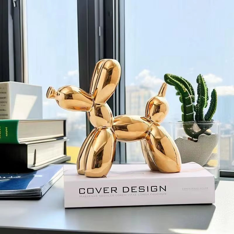 Ceramic Balloon Dog Sculpture - Modern Animal Figurine for Home Decor, Shelf Styling, Living Room, Office - Metallic Gloss Finish