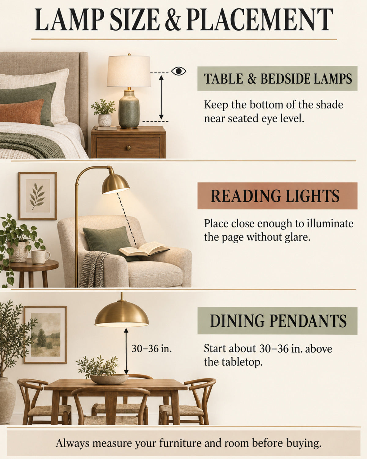 Lamp size and placement infographic for bedside, reading and dining lights