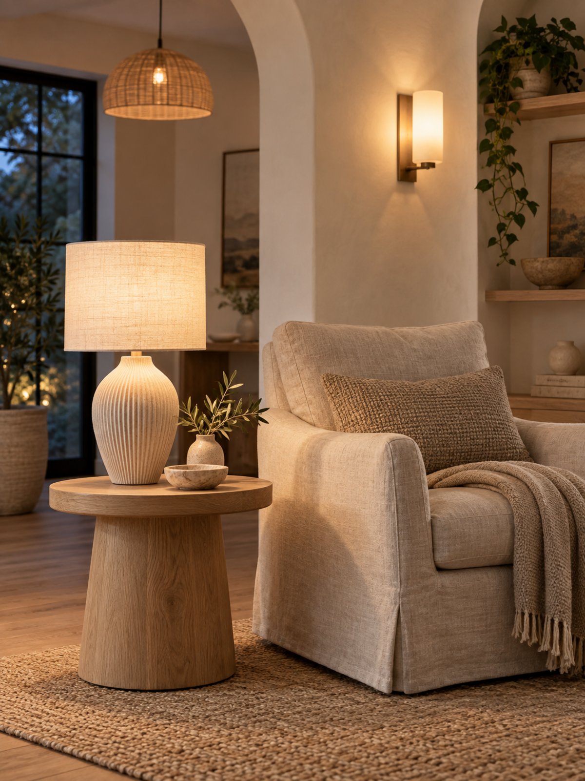Warm layered lighting in a modern organic living room with a table lamp, wall sconce, and woven pendant light
