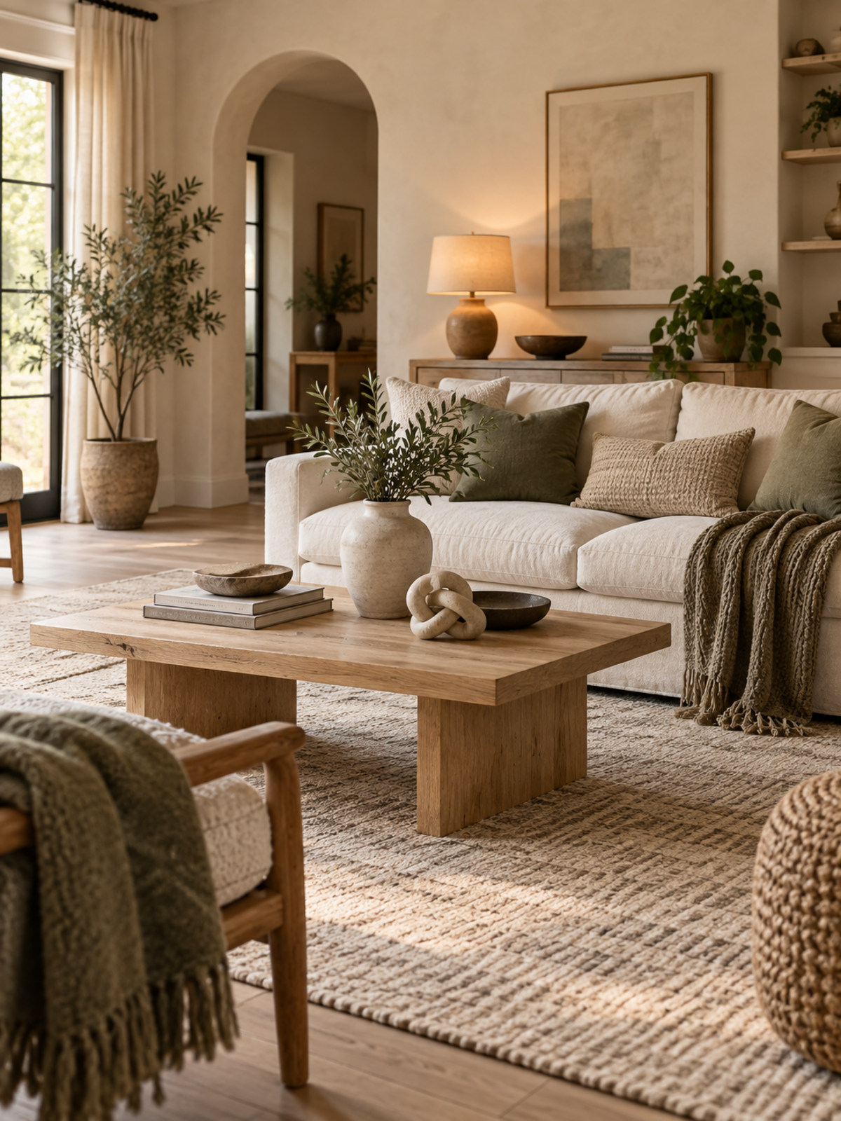 Warm modern organic living room layered with neutral seating, sage pillows, a woven throw, textured rug, wood table, ceramic accents, and ambient lighting