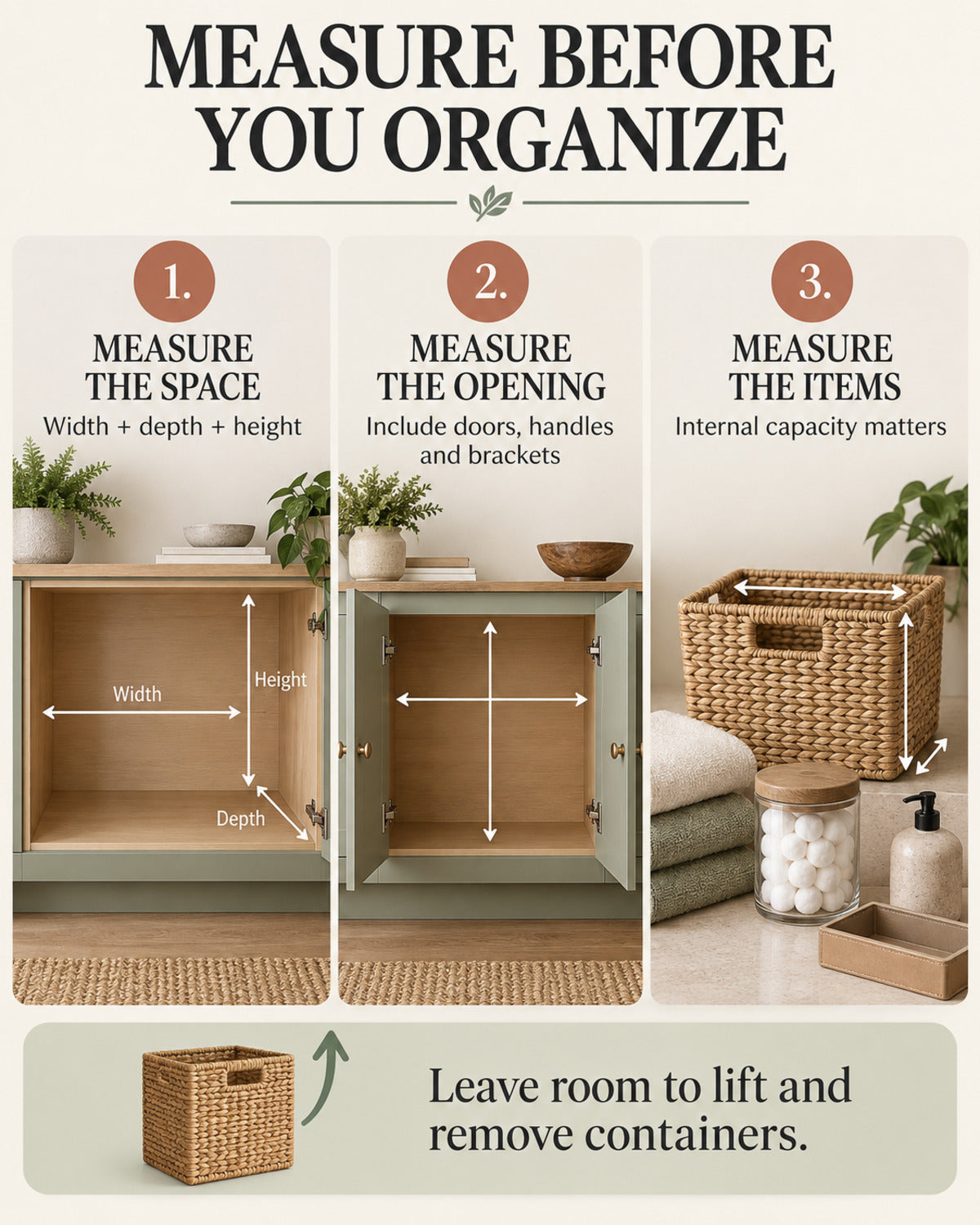 Storage measurement guide for spaces, openings and stored items