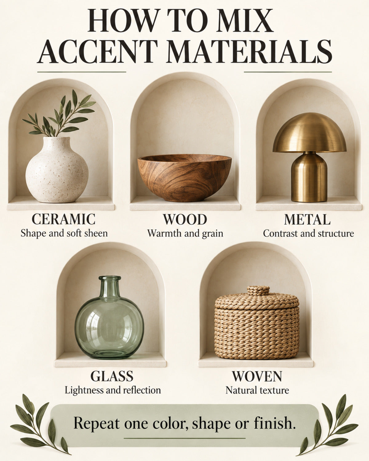 Guide to mixing ceramic, wood, metal, glass and woven accents