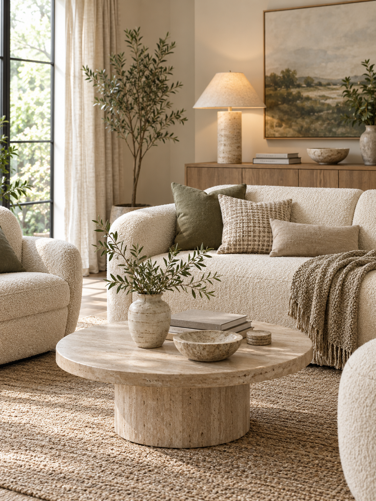 Warm modern-organic living room with cream seating, layered neutral textiles, travertine table and lamp, pale wood, ceramic accents, and greenery