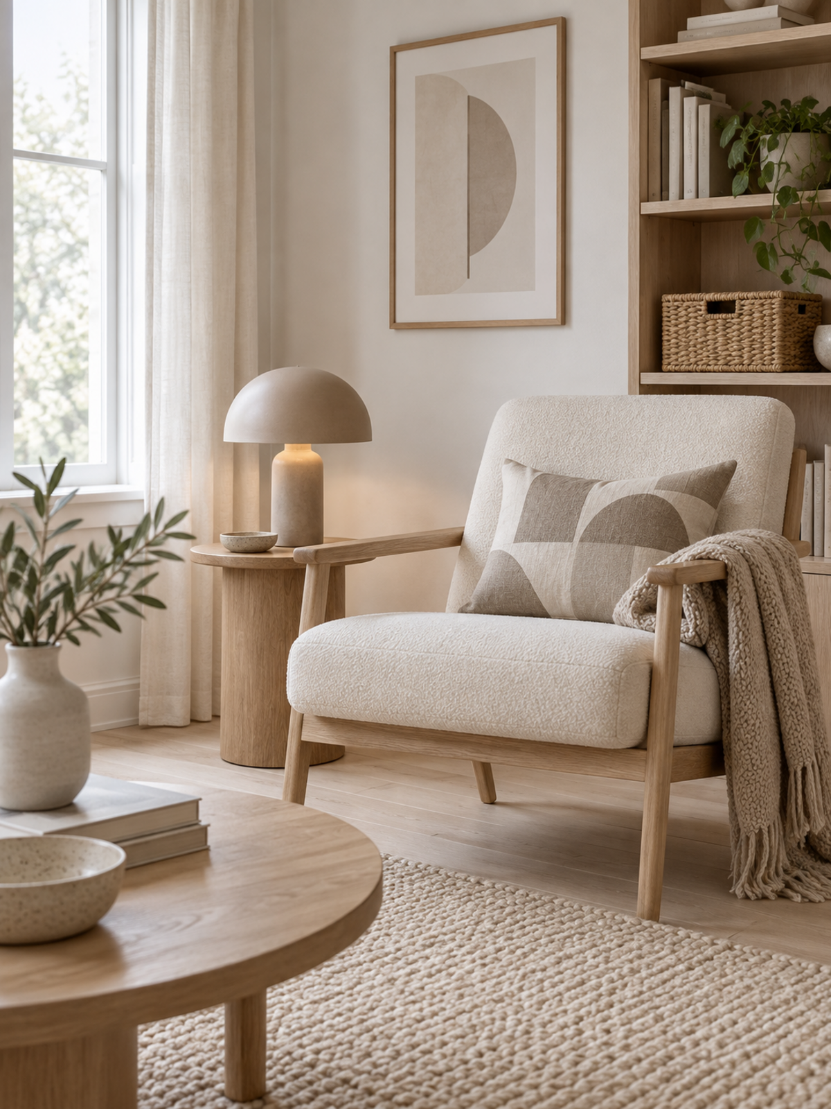 Calm Nordic reading corner with pale oak furniture, cream upholstery, geometric neutral pillow, mushroom lamp, woven storage, and minimal wall art