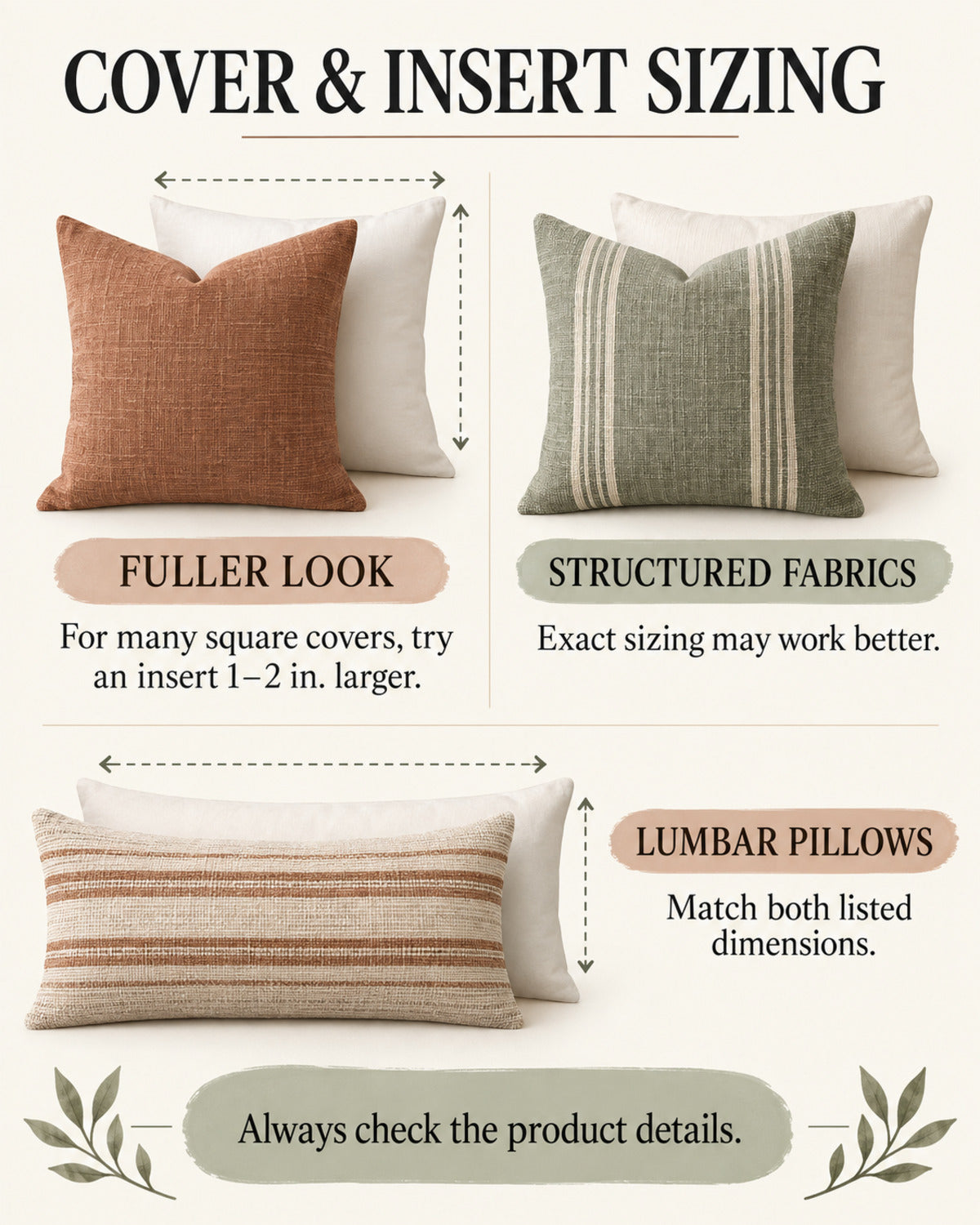 Decorative pillow cover and insert sizing guide