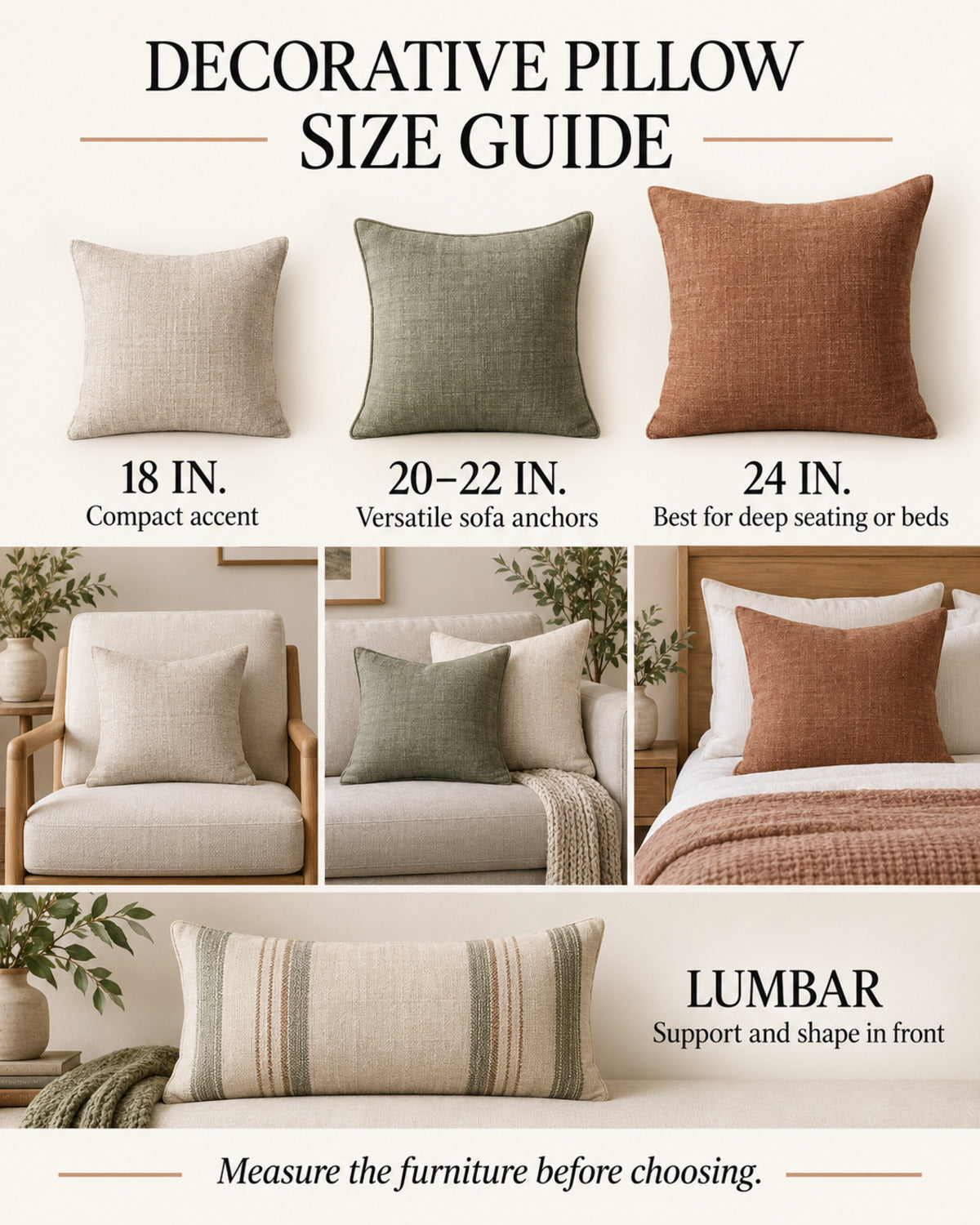 Decorative pillow size guide for chairs, sofas and beds
