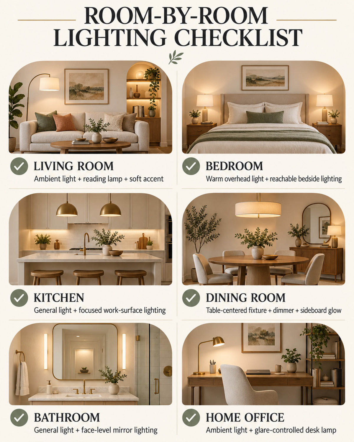 Room-by-room home lighting checklist infographic