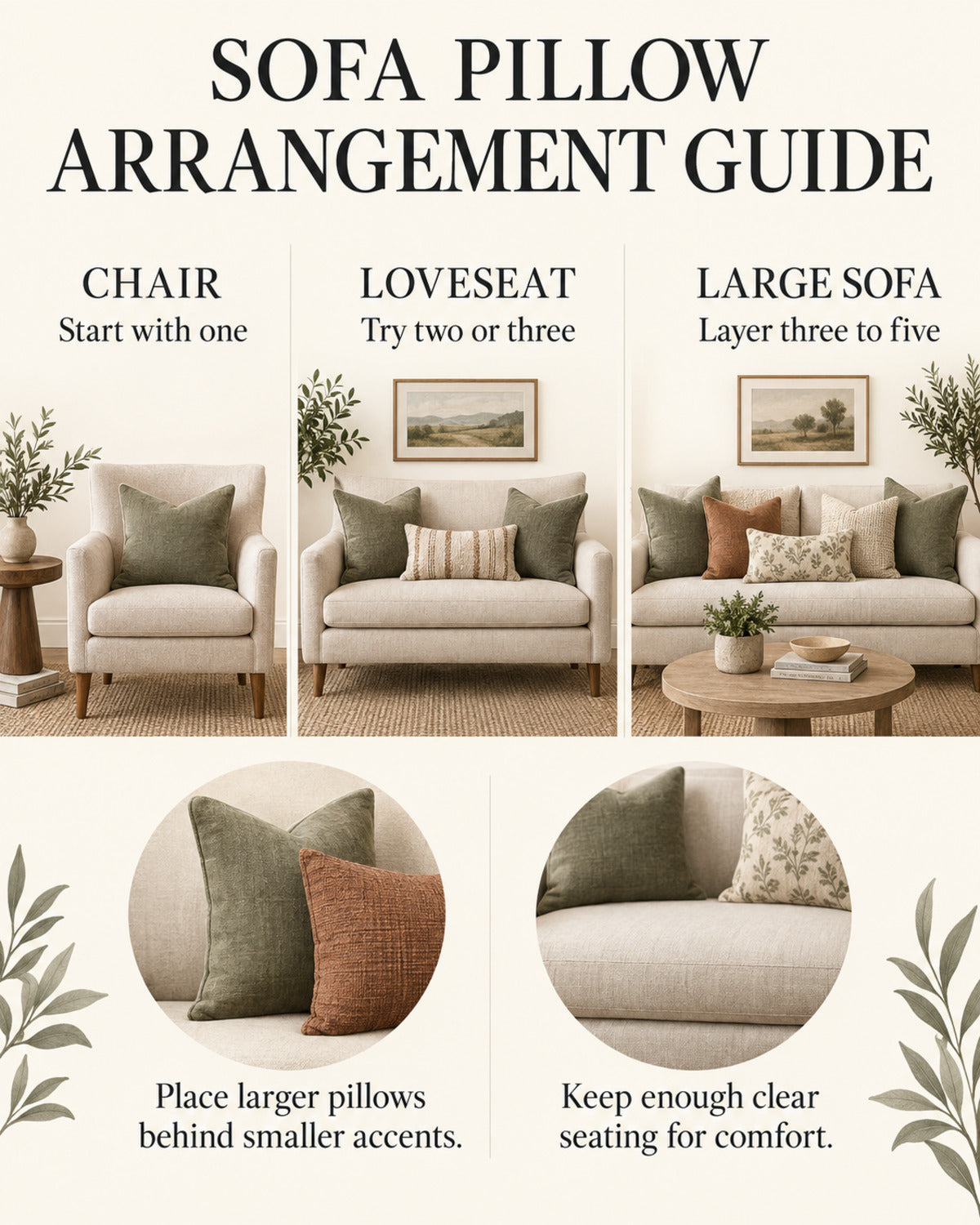 Decorative pillow arrangement guide for chairs and sofas