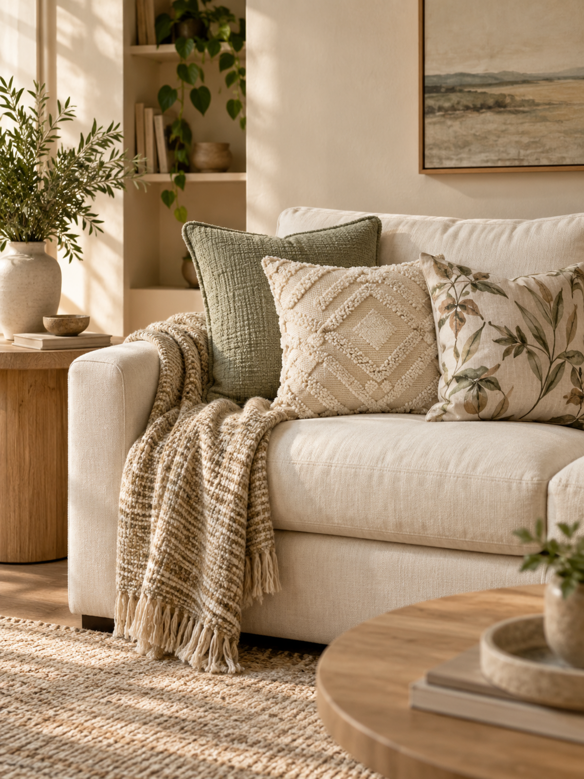 Warm modern organic living room with layered sage, cream, and botanical pillows, a woven throw, and a textured rug