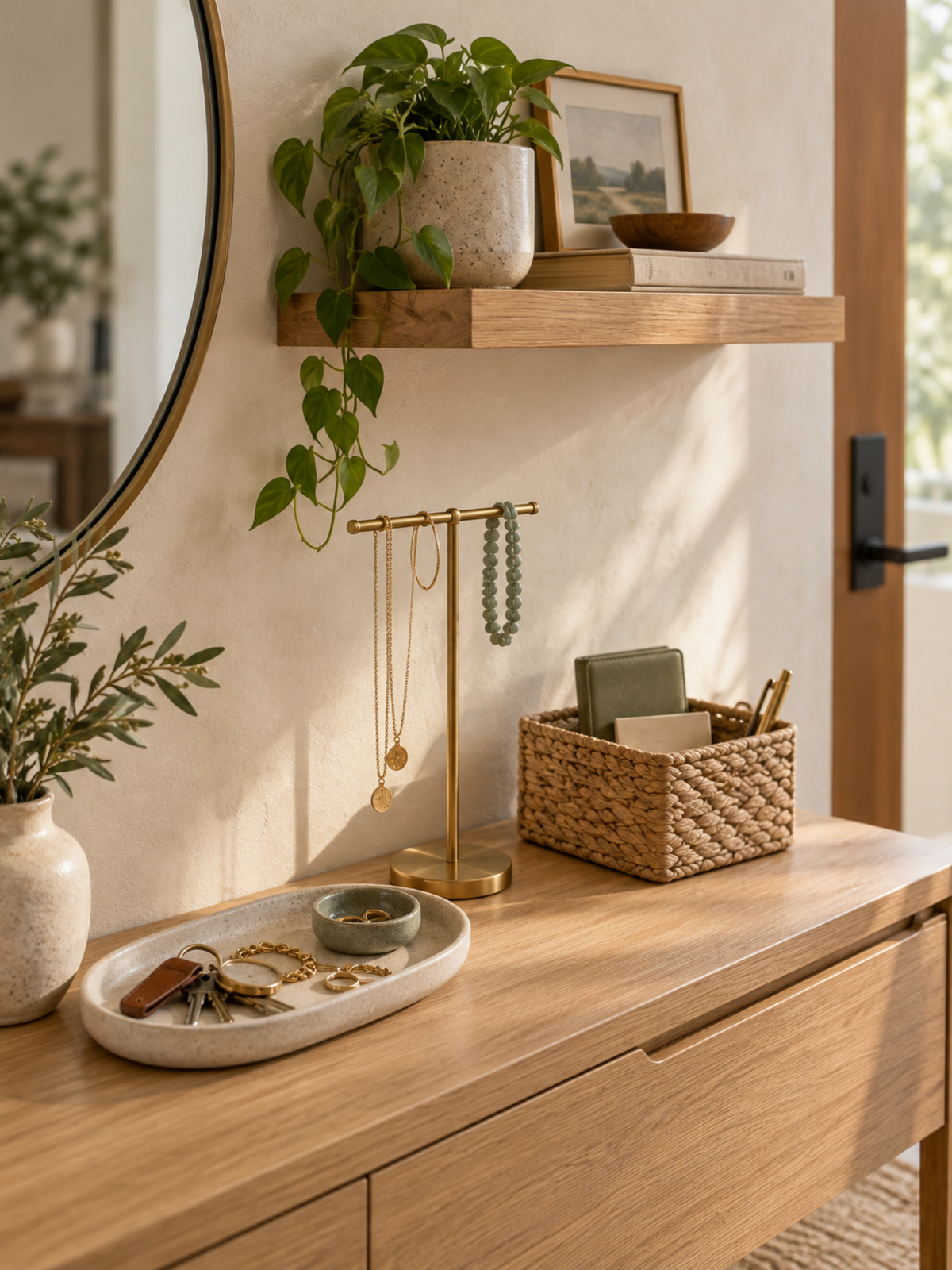 Warm organized entryway console with a ceramic tray, jewelry stand, woven organizer, and natural wood wall shelf