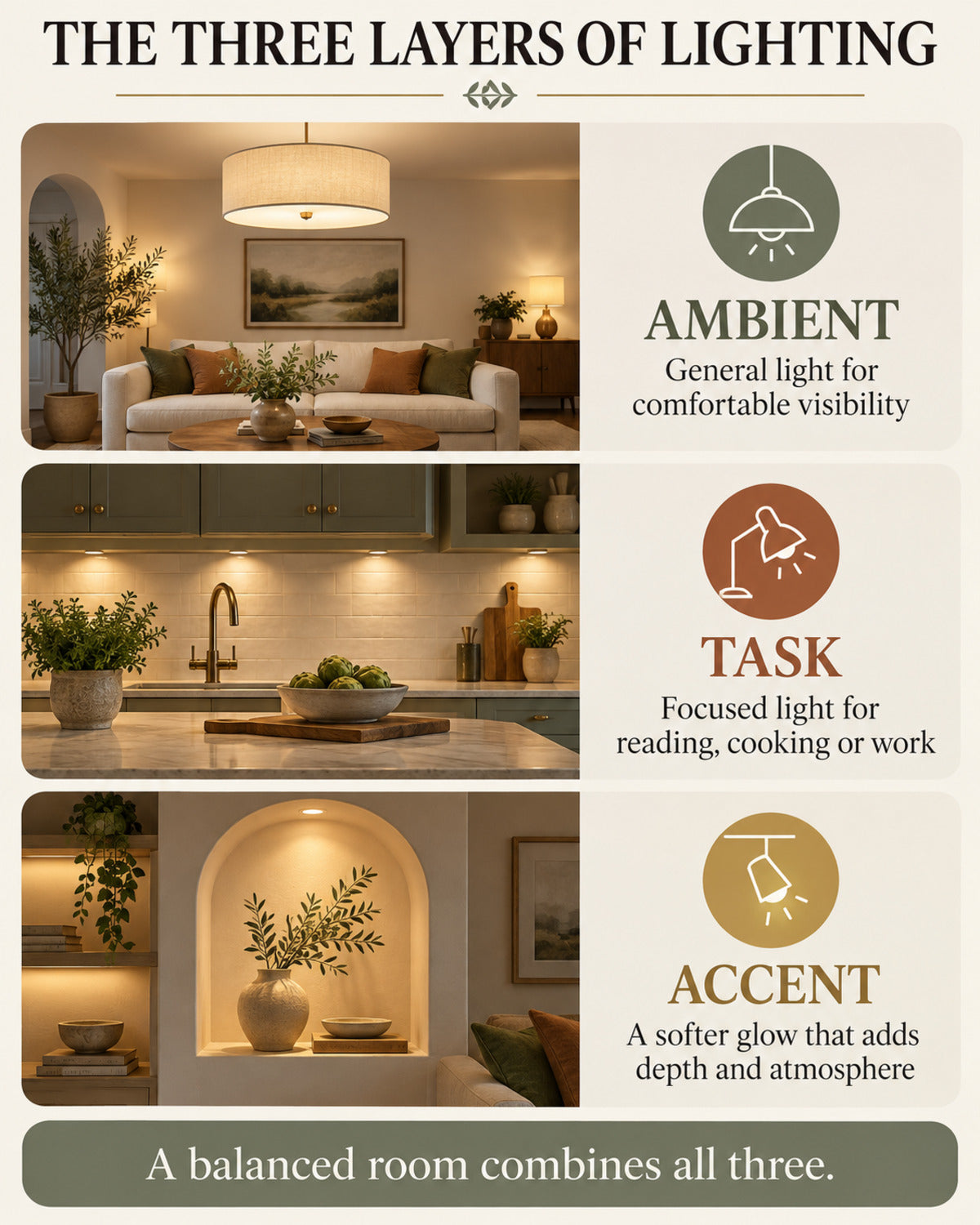 Infographic explaining ambient, task and accent lighting