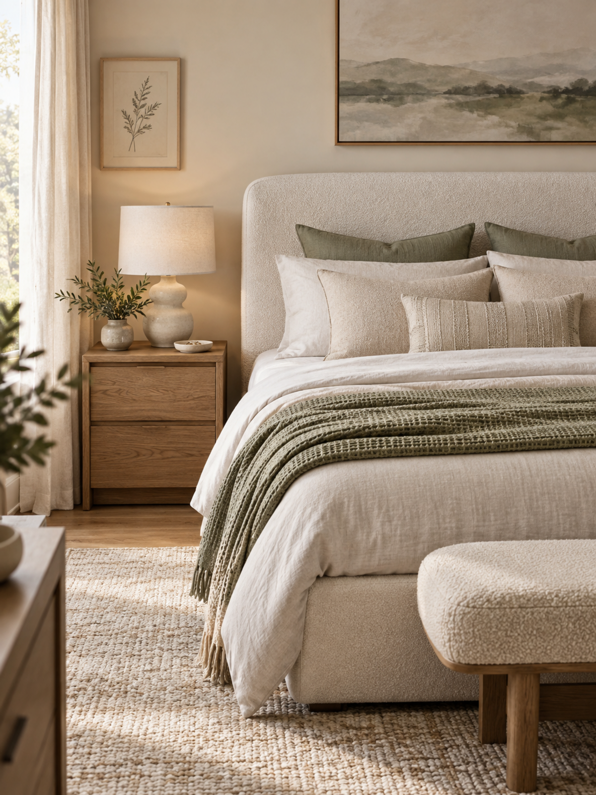 Warm modern-organic bedroom with layered neutral bedding, sage pillows, a ceramic bedside lamp, and natural wood furniture