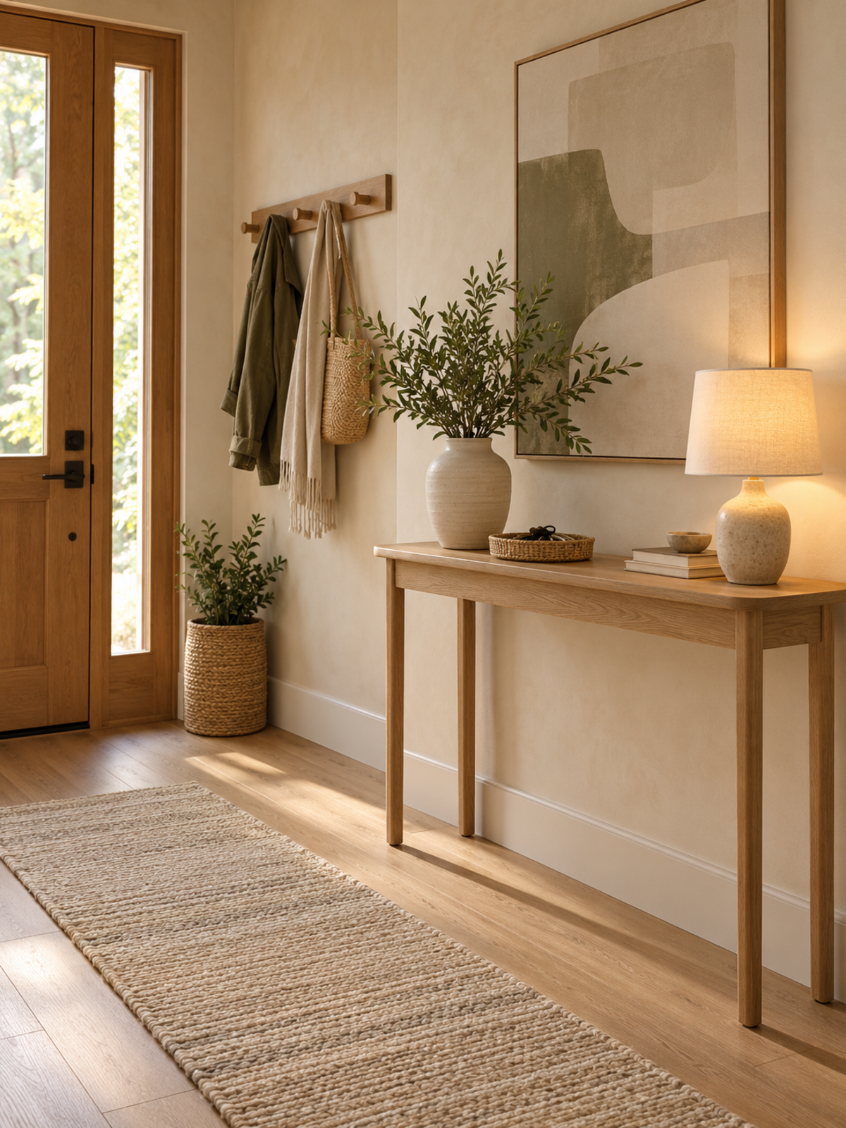 Warm modern-organic entryway with an oak console, ceramic vase, woven key tray, table lamp, wall art, coat rack, and neutral runner