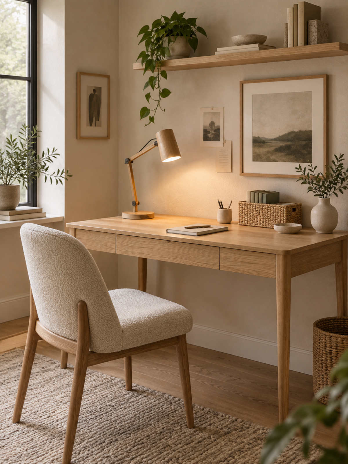 Warm modern-organic home office with an oak desk, adjustable wood task lamp, woven organizer, neutral rug, wall shelf, and upholstered chair