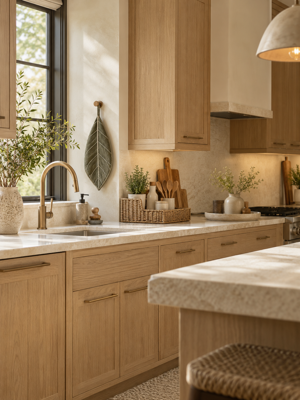 Warm modern-organic kitchen with light oak cabinets, a leaf-shaped hand towel, woven countertop organizer, ceramic tray, vase, and pendant lighting
