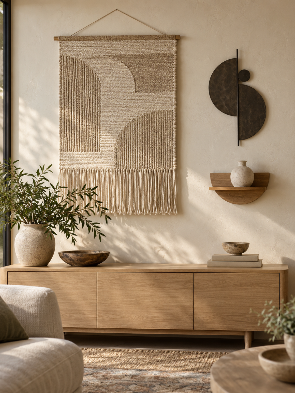 Warm modern organic wall styled with a woven textile hanging, abstract metal sculpture, and small wood display shelf