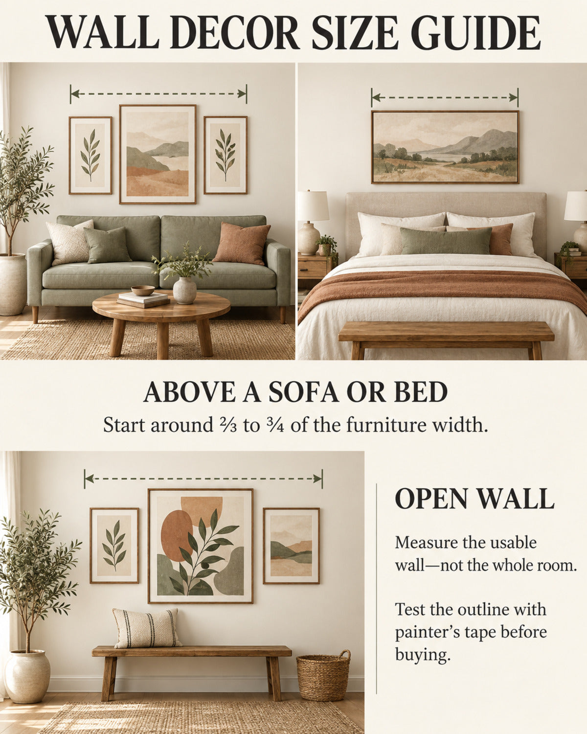 Wall decor size guide for sofas, beds and open walls